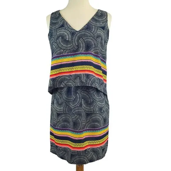 Renee C Layer Tiered Sleeveless Dress S Boho Geometric Rainbow Stripe Print NWT - Picture 3 of 14